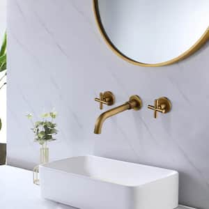 Single Hole Double-Handle Wall Mount Bathroom Faucet in Antique Brass