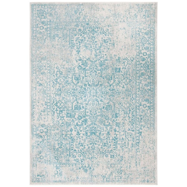 Evoke Ivory/Aqua 7 ft. x 9 ft. Distressed Border Medallion Area Rug