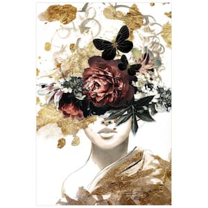 "Woman in Garden" Frameless Free Floating Tempered Glass with Gold Covered Panel Graphic People Wall Art 48 in. x 32 in.