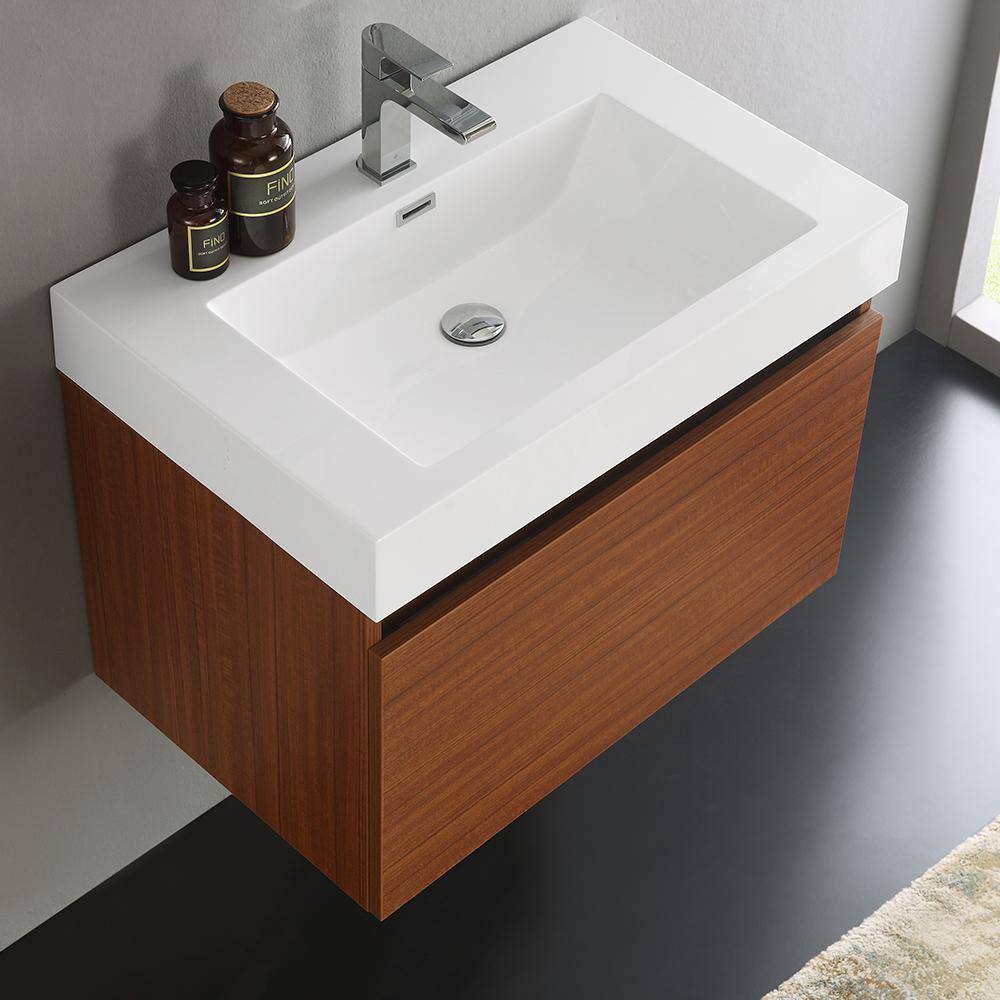 Teak 30" Wall-Mounted Single Sink Bathroom Vanity with Acrylic Top