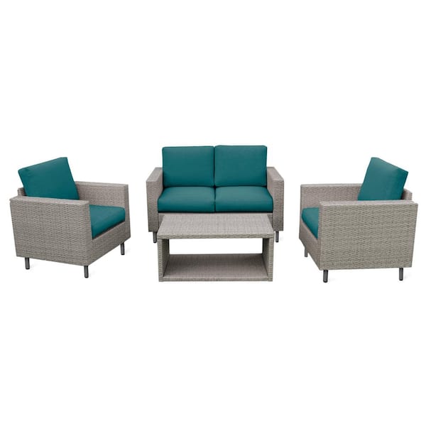 Leisure Made Tybee 4-Pieces Wicker Patio Conversation Set with Peacock Cushions
