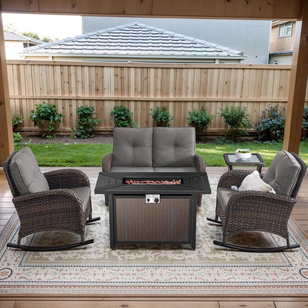 Brown 5-Piece Wicker Patio Fire Pit Set, Outdoor Glider Seating Set with Olefin Gray Cushions and Rocking Chairs price history on PriceWatchPro