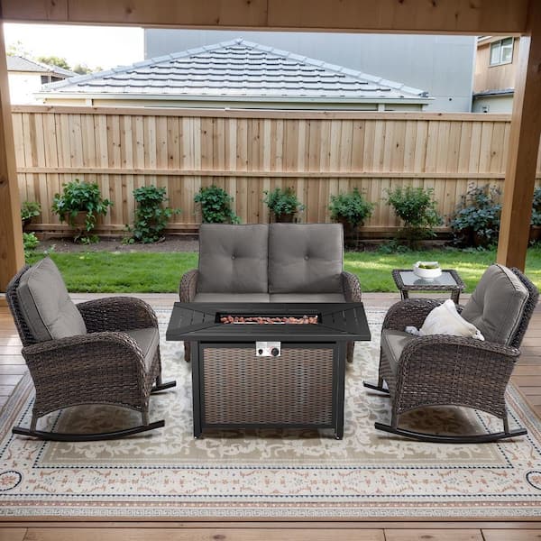 Brown 5-Piece Wicker Patio Fire Pit Set, Outdoor Glider Seating Set with Olefin Gray Cushions and Rocking Chairs
