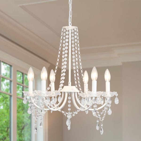 ZJVAIVE 6-Light White Classic Candlestick Crystal Hanging Linear Chandelier Lighting for Dining Room Kitchen Island