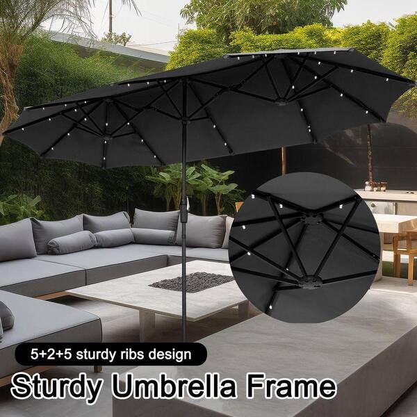 alba patio umbrella solar EliteShade 9ft LED  Eurmax Our twin outdoor umbrella offers a comfortable shading place for your Backyard Banger Double-Sided Patio Umbrella with Solar