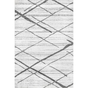 Trellis Stripes Machine Washable Light Gray 3 ft. x 5 ft. Indoor Rectangle Accent Rug