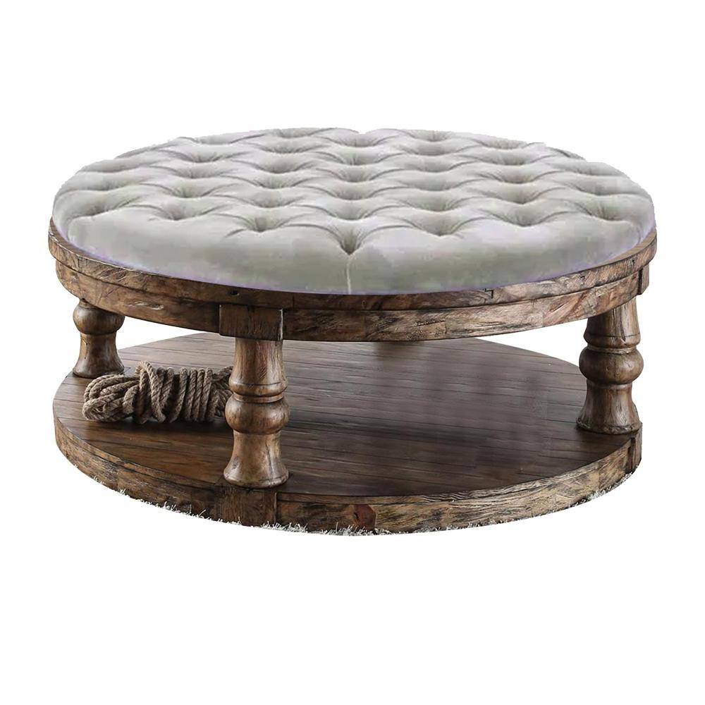 Pastoral Charm Round Oak Coffee Table with Button-Tufted Beige Linen Top