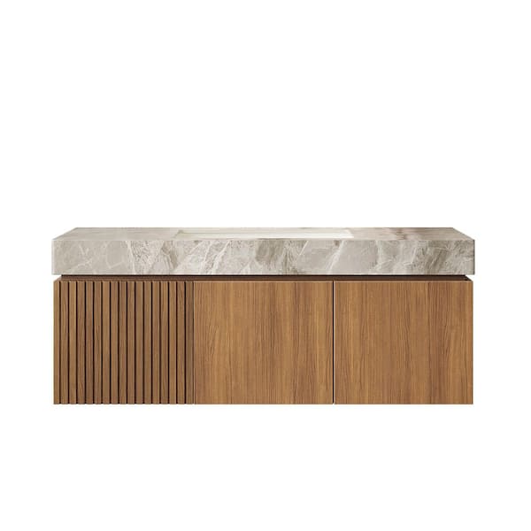 TCYO 48 in. Wall Mounted Oak Bath Vanity with Light Gray Sintered Stone Top