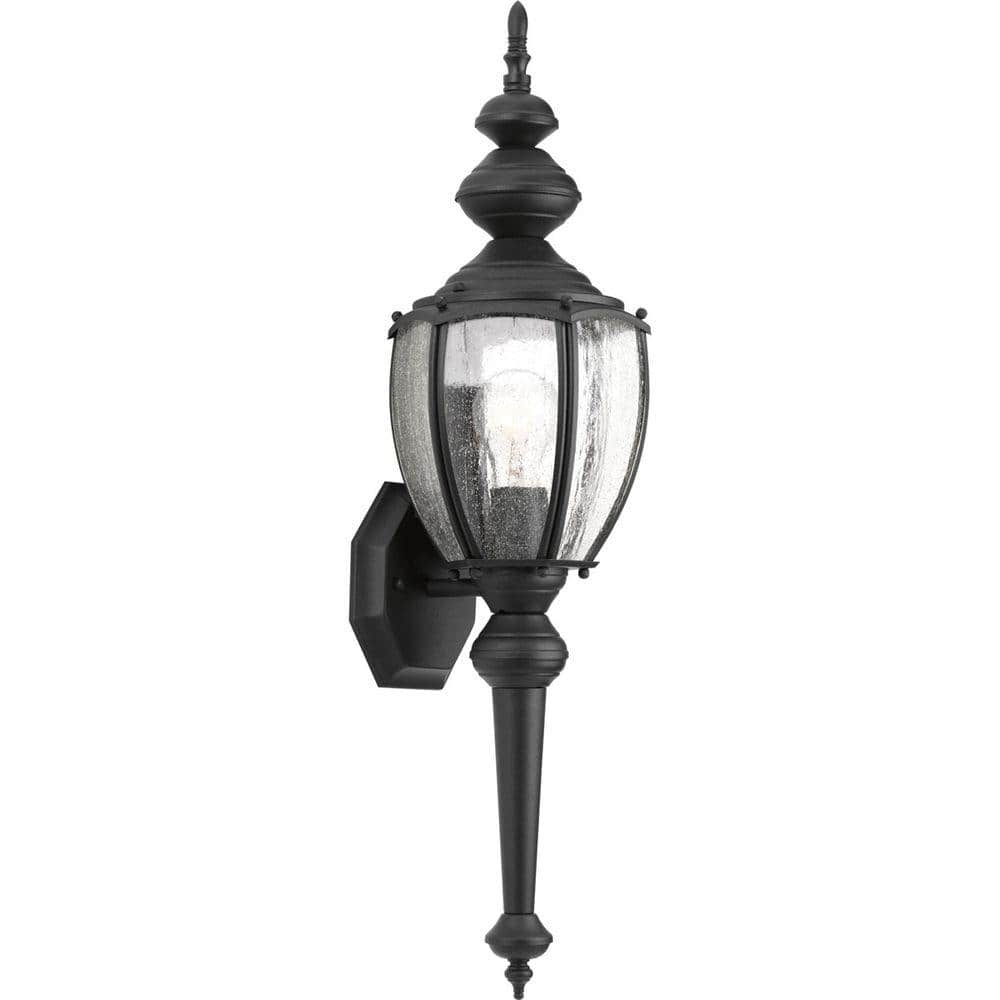 Roman Coach Collection 1-Light Textured Black Clear Seeded Glass Traditional Outdoor Medium Wall Lantern Light price history on PriceWatchPro