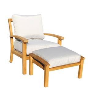 Heritage 2-Piece Teak Outdoor Club Chair With Cream Cushions And Ottoman Set