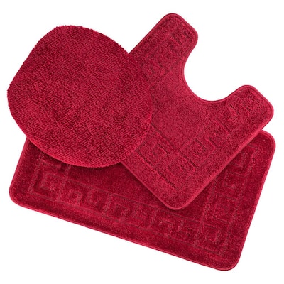 Red 3 Piece Solid Premium Polypropylene Bath Rugs Set with Geometric Design