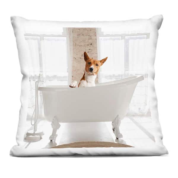 Stupell Industries Happy Dog in Bathroom Tub White Abstract Polyester 18 in. x 18 in. Throw Pillow