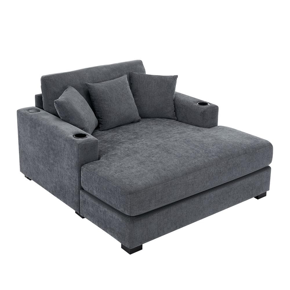 Blue Gray Wood Fabric Outdoor Chaise Lounge with Cushions, Pillows, Charge 