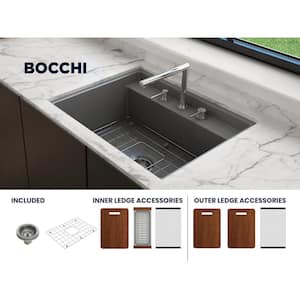 Baveno Uno Matte Gray Fireclay 27 in. Single Bowl Undermount/Drop-In 3-hole Kitchen Sink w/Integrated WS and Acc.