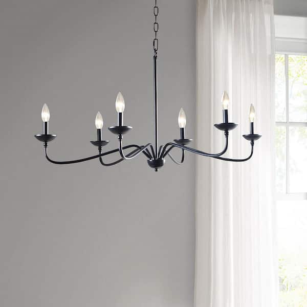 Vintage 6-Light Black Chandelier, Farmhouse Metal, Circular Design, for Dining Room, Kitchen