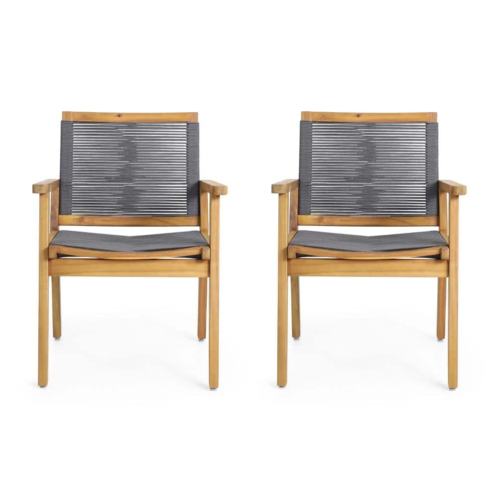 Set of 2 Teak and Dark Gray Rope Outdoor Dining Chairs