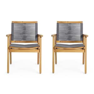 Rope Weaved Acacia Wood Outdoor Dining Chair in Gray (Set of 2)