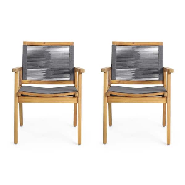 ITOPFOX Rope Weaved Acacia Wood Outdoor Dining Chair in Gray (Set of 2)