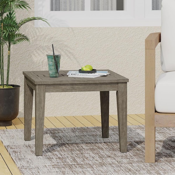 Unbranded Transitional Low Profile Outdoor Acacia Wood Side Table for Porch, Balcony, Deck, Patio, Backyard, Gray Finish
