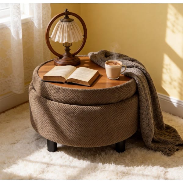 25 in. W Brown Round Fabric Storage Accent Medium (22-44 in.) Ottoman for Living Room, Bedroom