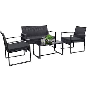 4-Piece Wicker Outdoor Patio Deep Seating Set with Black Cushions and Coffee Table