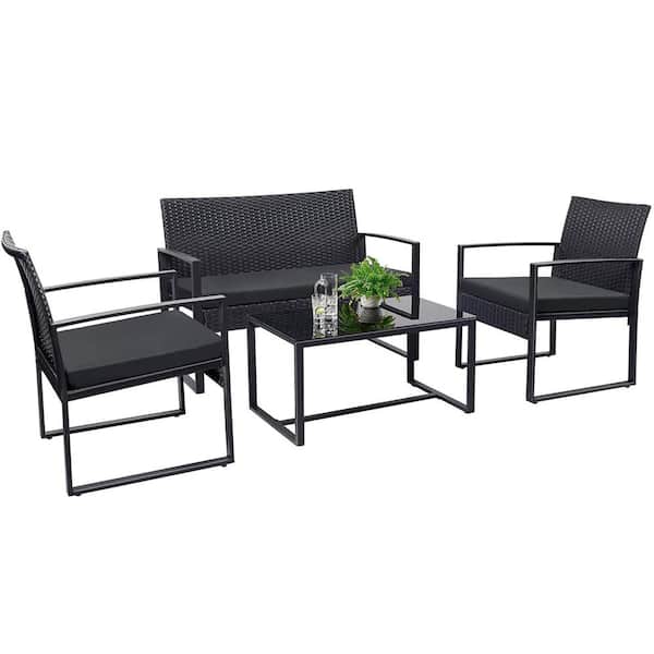 Tozey 4-Piece Wicker Outdoor Patio Deep Seating Set with Black Cushions and Coffee Table