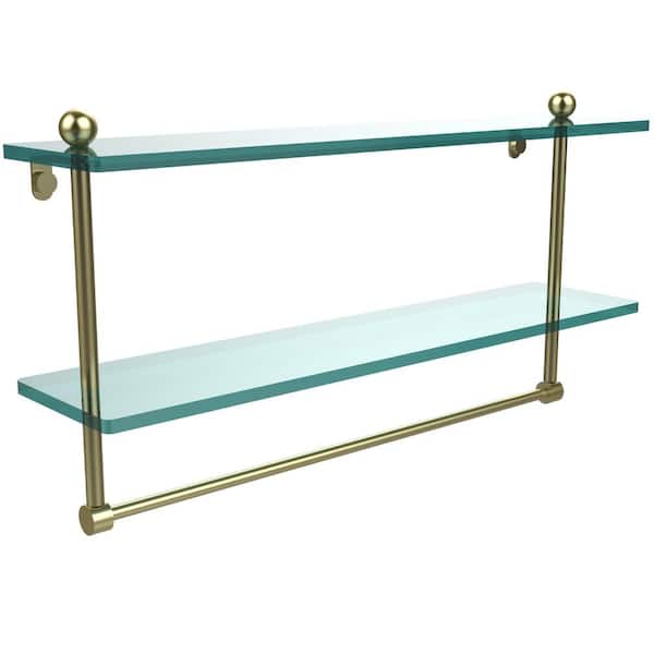 Allied Brass 22 in. L x 12 in. H x 5 in. W 2-Tier Clear Glass Vanity Bathroom Shelf with Towel Bar in Satin Brass