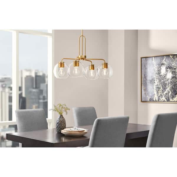 Hampton Bay Nelwyn 25 in. 4-Light Vintage Brass Chandelier with Clear Glass Globe Shades