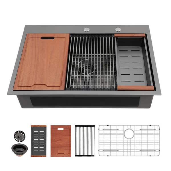 Gunmetal Black 16-Gauge Stainless Steel 33 in. Drop-In Single Bowl Workstation Kitchen Sink with Honeycomb Nano Coating