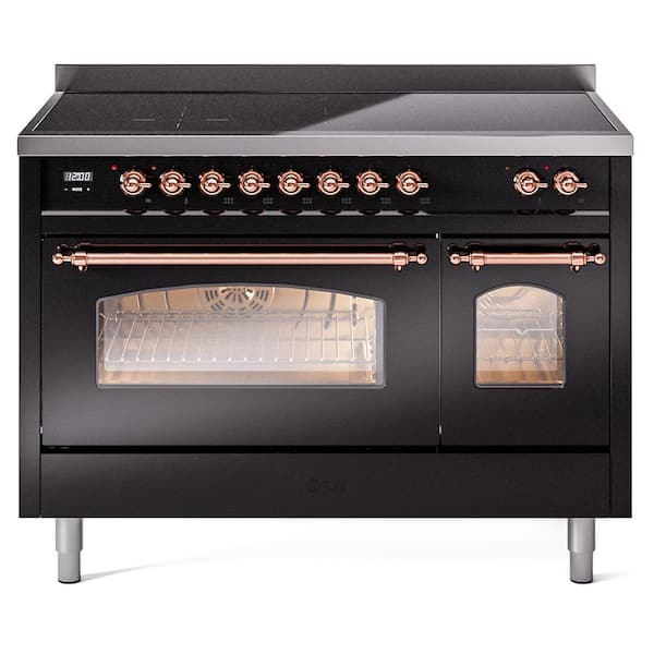 ILVE Nostalgie 48 in. 6 Zone Freestanding Double Oven Induction Range in Glossy Black with Copper Trim