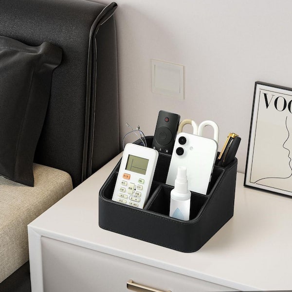 Black PU leather remote control caddy, a rounded bedside organizer