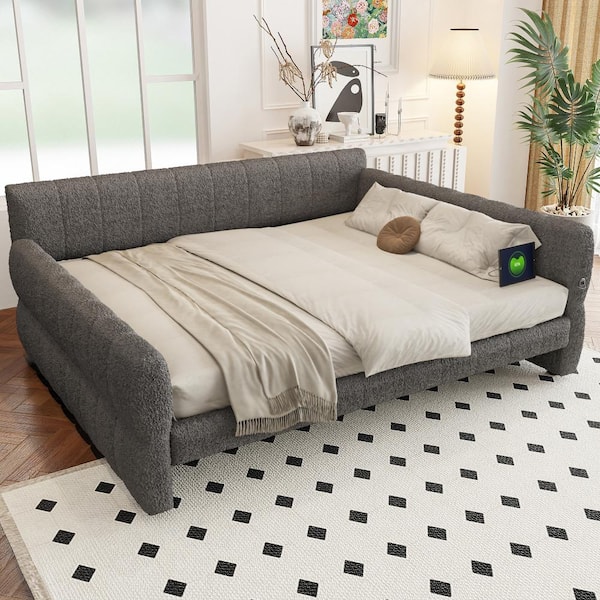 Gray Wood Frame King Size Upholstered Platform Bed with USB