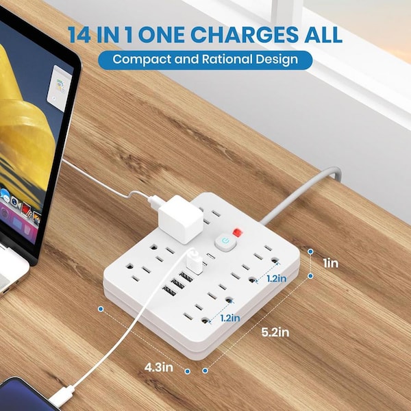 EKIEUDL - 8-Outlet Power Strip Surge Protector with 5 ft. Extension Cord and 4 USB Port-Overload Protection in White (2 Pack)