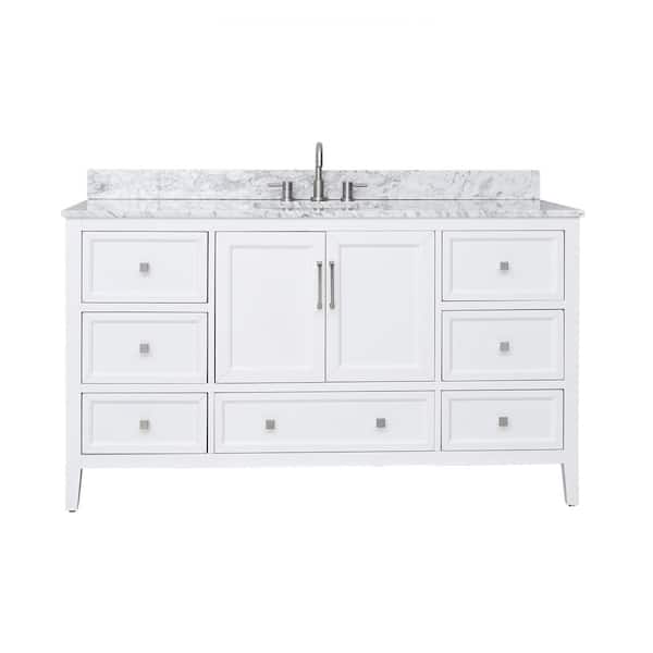 Everette 61 in. Single Sink White Bath Vanity with Carrara White Marble Top