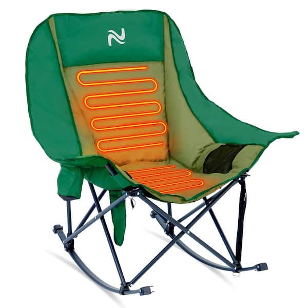 Green Oversized Heated Rocking Chair, Fully Padded Portable Recliner Rocker Chair with Side Pocket for Camping