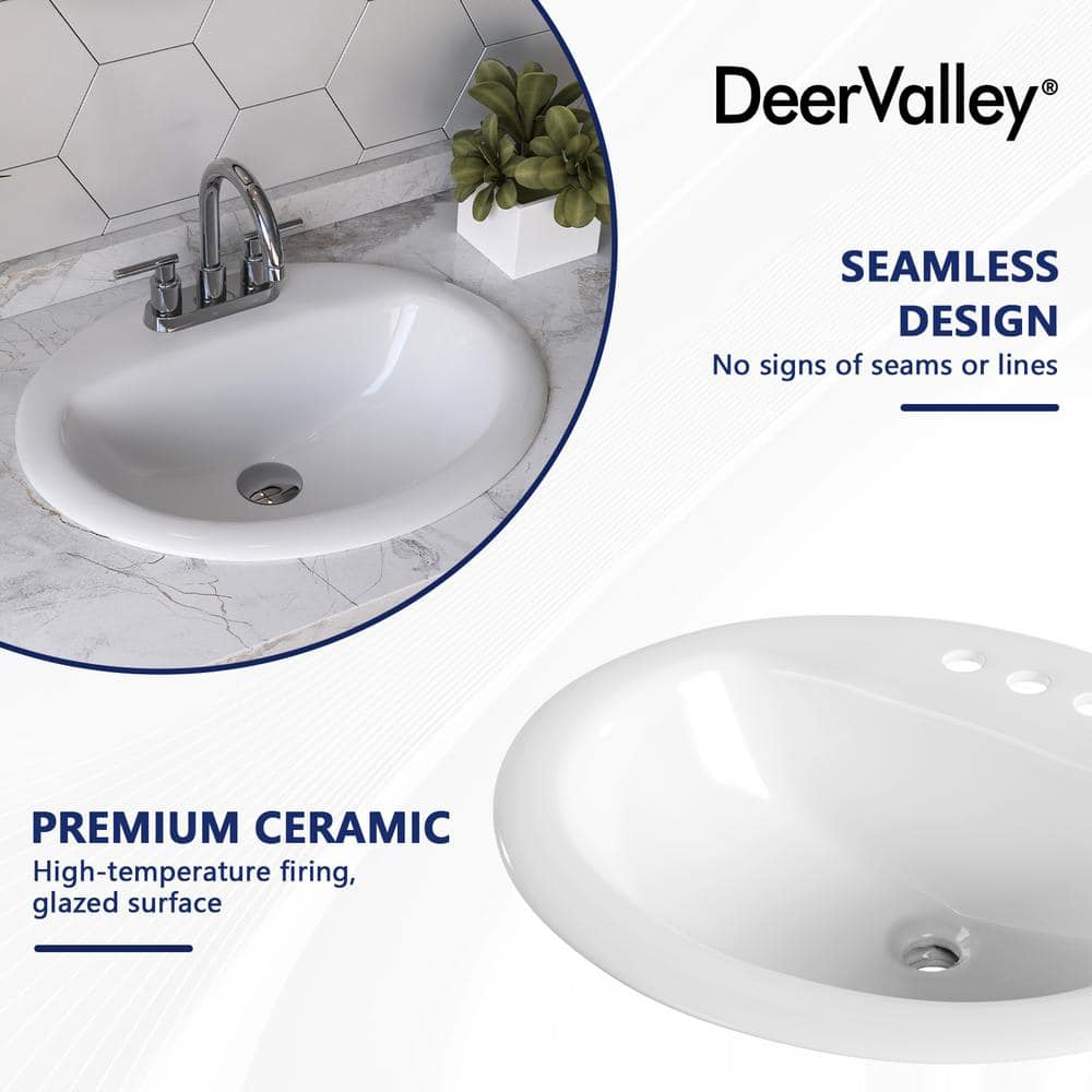 20'' x 17'' White Oval Ceramic Drop-in Bathroom Sink with Overflow