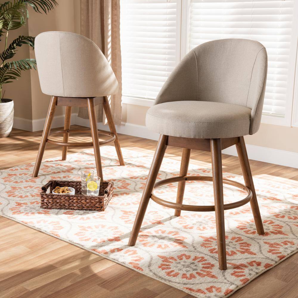 Light Beige Fabric Upholstered Walnut Wood Swivel Counter Stool Set