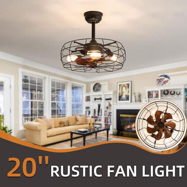 20 in. Black Indoor Farmhouse Caged Ceiling Fan with Light Downrod Mount Ceiling Fan with Remote Control, Bulbs Included