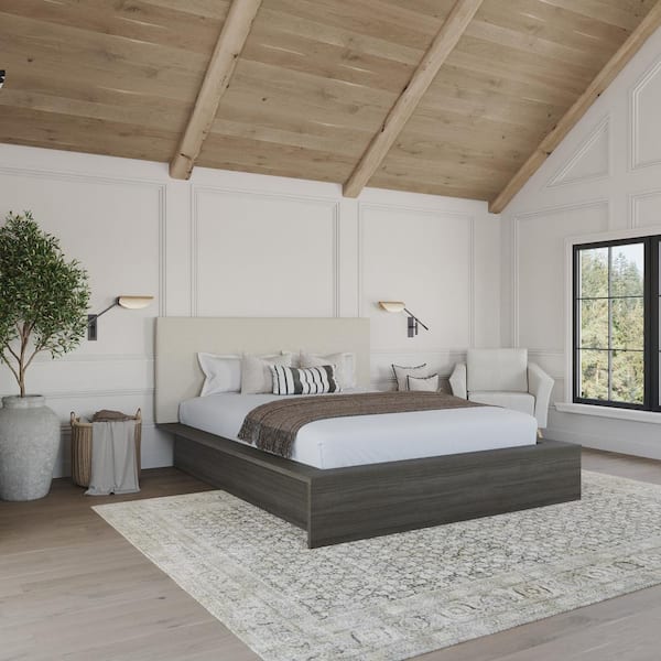 Nexera Jane Gray Oak Frame Queen Size Platform Bed with White Upholstered Headboard