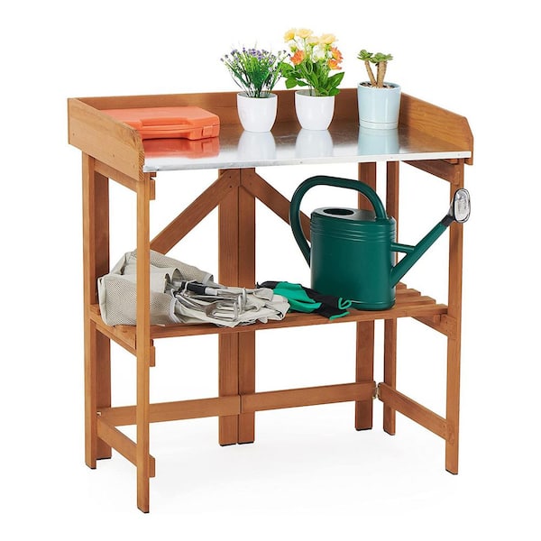 BTMWAY 33.5 in. W x 35 in. H Brown Wood Folding Outdoor Potting Bench and Table with Shelf, Garden Workstation