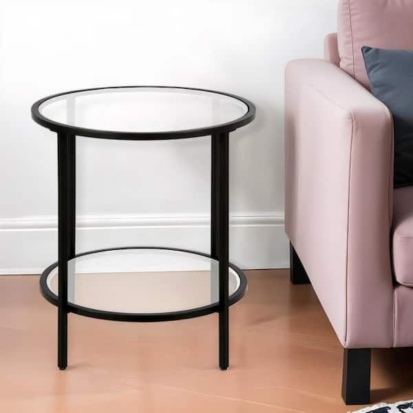HomeRoots 20 in. Black Round Glass End Table