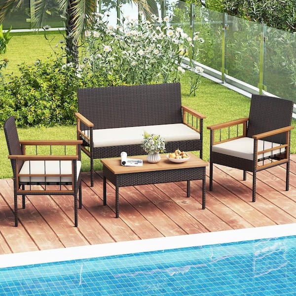 4 Piece Wicker Furniture Set with Acacia Wood Tabletop Armrests Cushions for Backyard