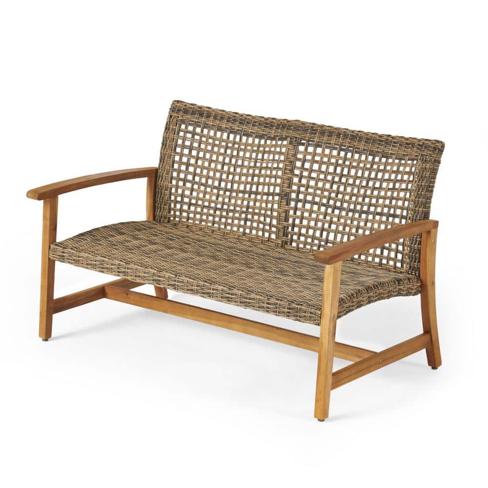 Natural Stained Wood and Wicker Outdoor Loveseat with Arms