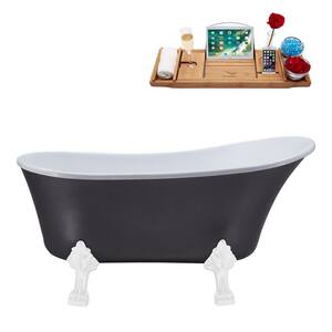 55 in. x 26.8 in. Acrylic Clawfoot Soaking Bathtub in Matte Grey with Glossy White Clawfeet and Matte Pink Drain