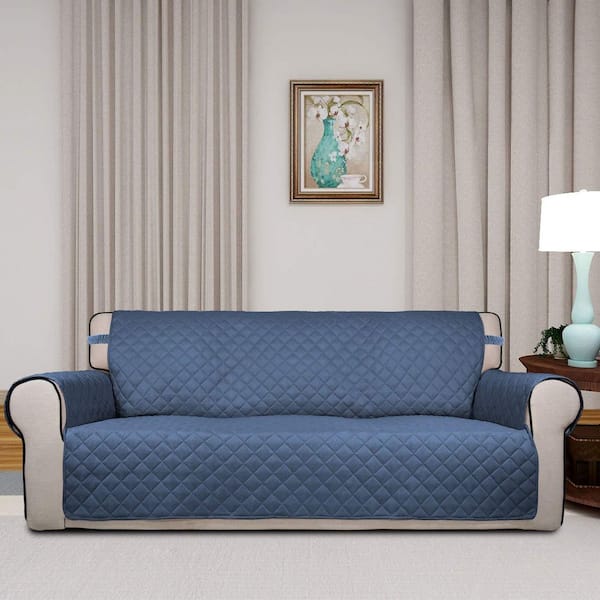 Dark Blue and Light Blue Reversible Sofa Cover, Polyester Sofa Slipcover with Non-Slip Foam and Elastic Straps