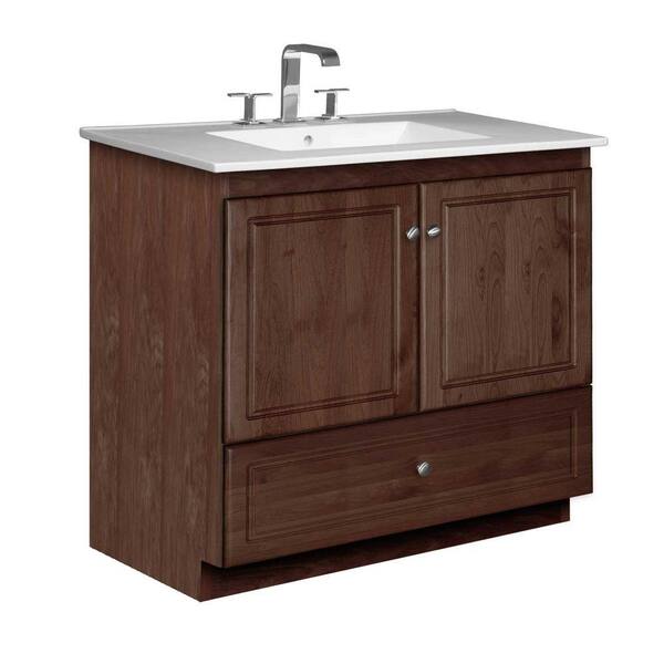 Simplicity by Strasser Ultraline 37 in. W x 22 in. D x 35 in. H Vanity with No Side Drawers in Dark Alder with Ceramic Vanity Top in White