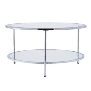 Cillian 34 in. Chrome Medium Round Glass Coffee Table with Shelf