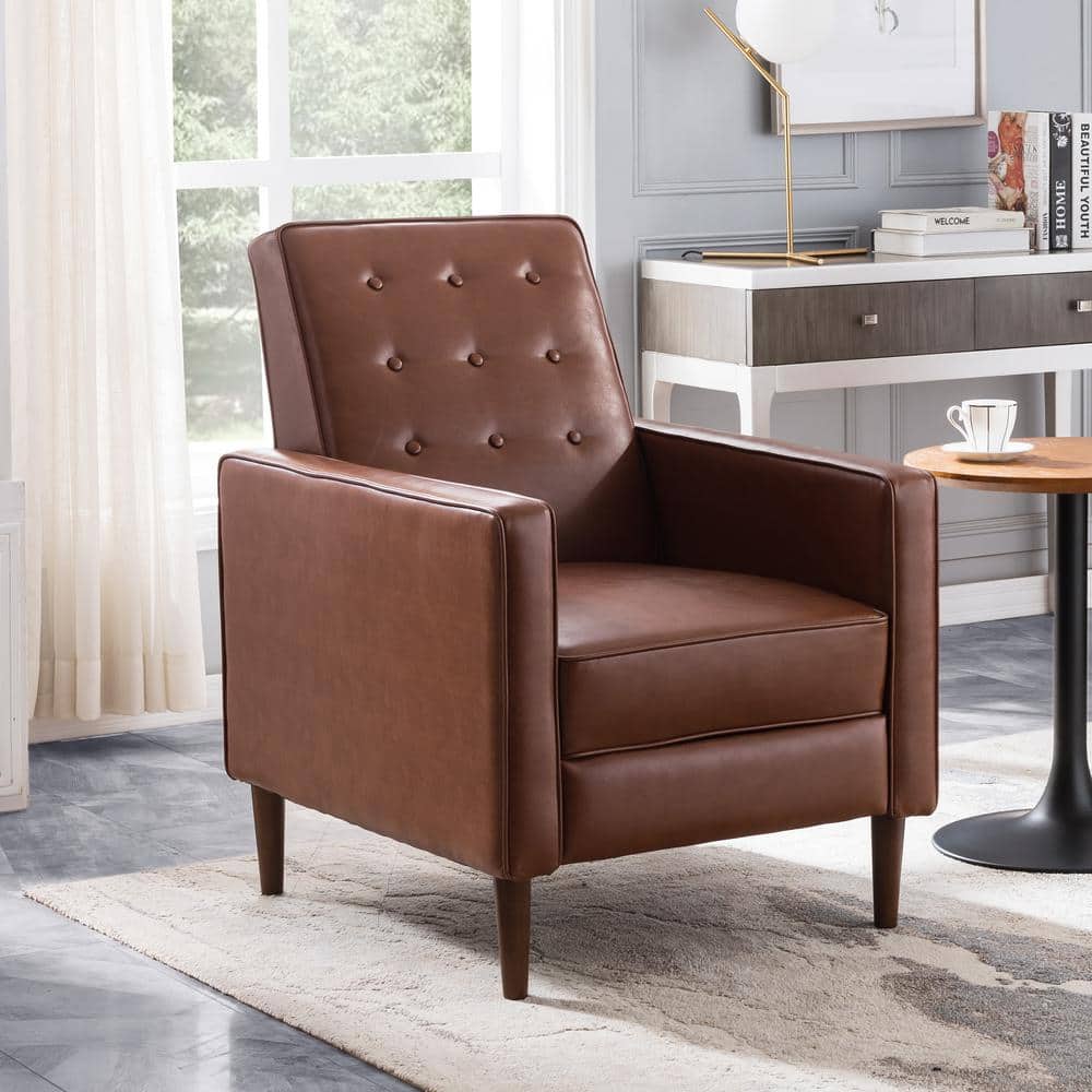 Mid-Century Modern Smooth Brown Faux Leather Recliner