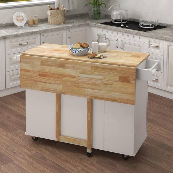 Kitchen Island Cart With Drop Leaf & Storage – White, 2 Drawers, Spice Rack, Pull-Out Slim Bar Cart, 47.24”D X 35.82”W X 22.68”H