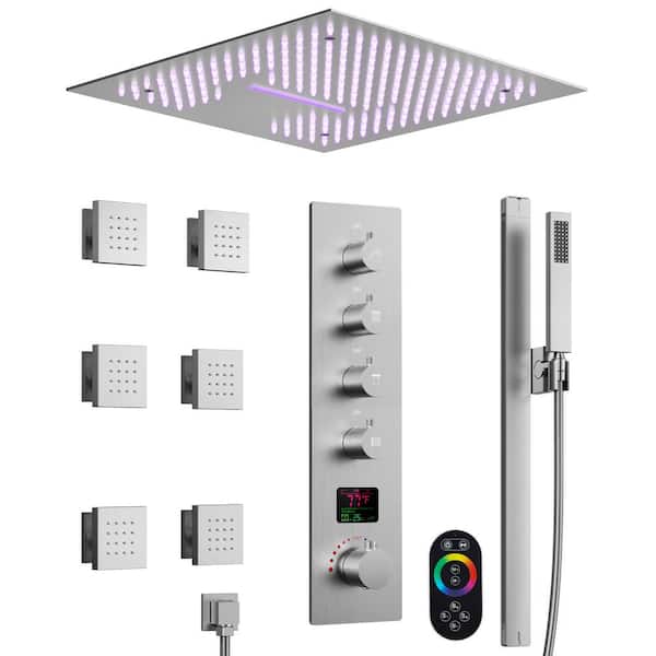 16 in. RGB LED And Temp 6-Jet Shower System 15-Spray with Anti Scald, Thermostatic Valve, Waterfall in Brushed Nickel